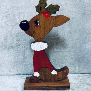 Vintage Wooden Reindeer Red Nose Rudolph Handcrafted Retro Shelf or Tabletop 12"